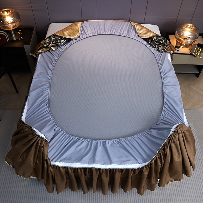 91家纺网 家纺一手货源 找家纺 罗艺轩 2025新款可拆卸床笠式床裙凉感冰丝藤席三件套-爱星海 爱星海-芦苇金