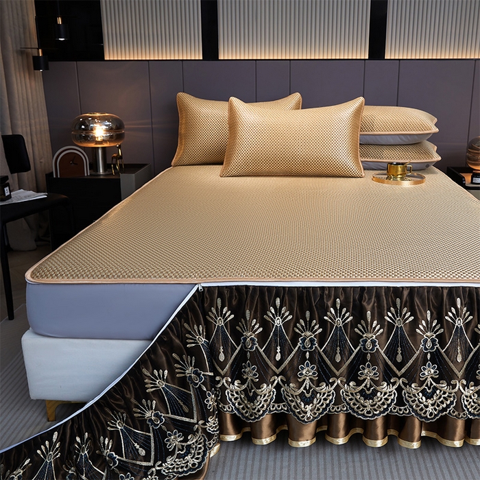 91家纺网 家纺一手货源 找家纺 罗艺轩 2025新款可拆卸床笠式床裙凉感冰丝藤席三件套-爱星海 爱星海-芦苇金