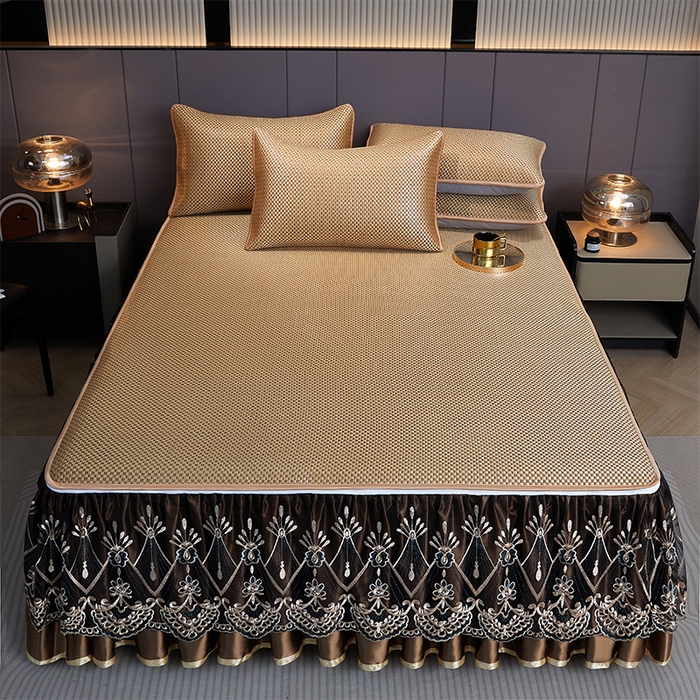 91家纺网 家纺一手货源 找家纺 罗艺轩 2025新款可拆卸床笠式床裙凉感冰丝藤席三件套-爱星海 爱星海-芦苇金