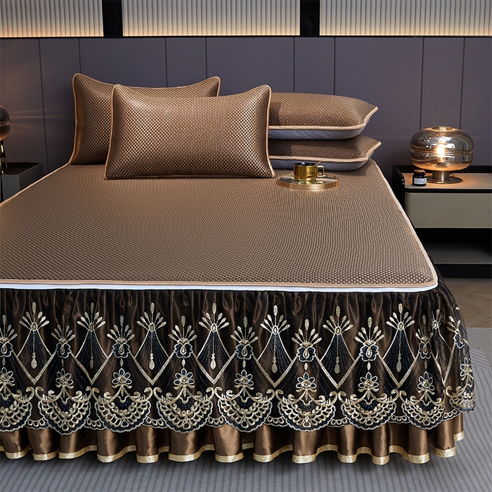 91家纺网 家纺一手货源 找家纺 罗艺轩 2025新款可拆卸床笠式床裙凉感冰丝藤席三件套-爱星海 爱星海-摩卡棕