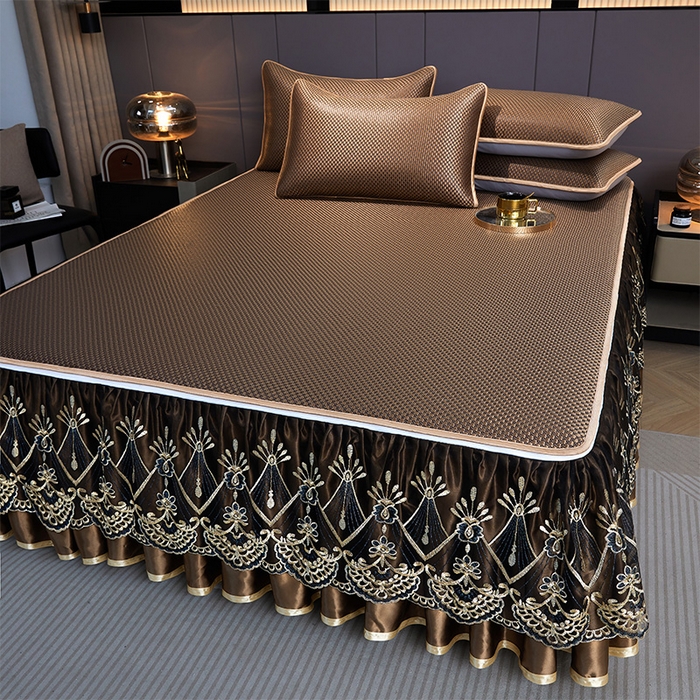 91家纺网 家纺一手货源 找家纺 罗艺轩 2025新款可拆卸床笠式床裙凉感冰丝藤席三件套-爱星海 爱星海-摩卡棕