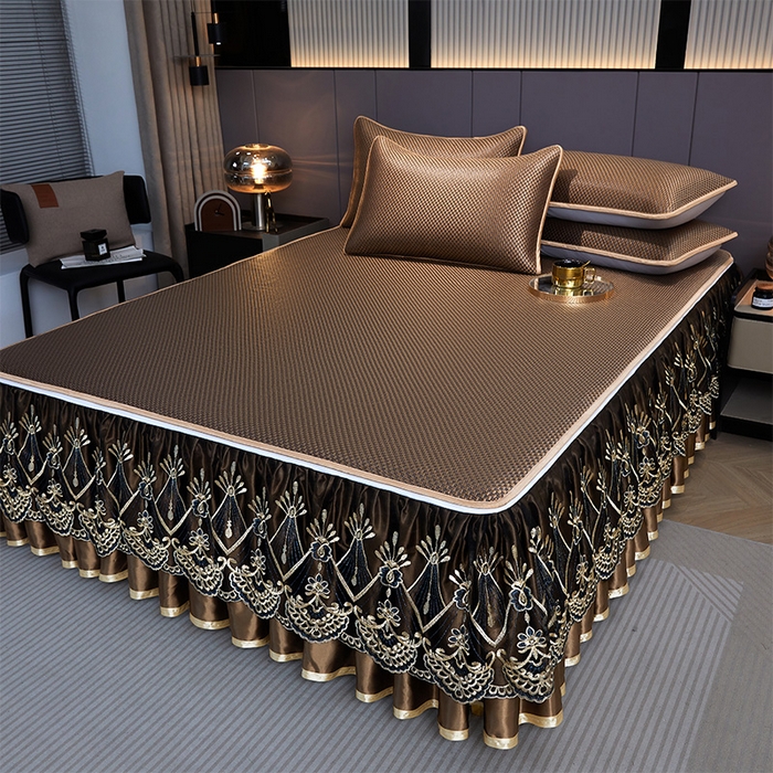 91家纺网 家纺一手货源 找家纺 罗艺轩 2025新款可拆卸床笠式床裙凉感冰丝藤席三件套-爱星海 爱星海-摩卡棕