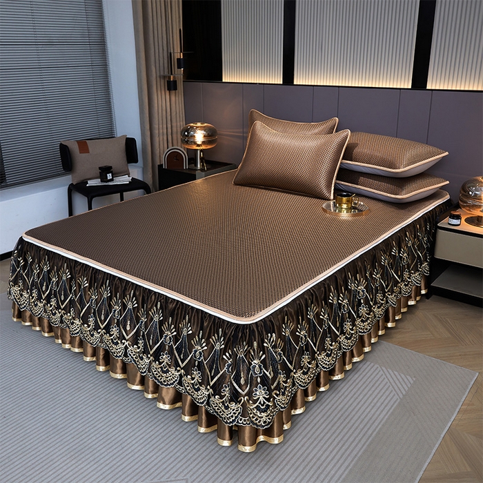 91家纺网 家纺一手货源 找家纺 罗艺轩 2025新款可拆卸床笠式床裙凉感冰丝藤席三件套-爱星海 爱星海-摩卡棕