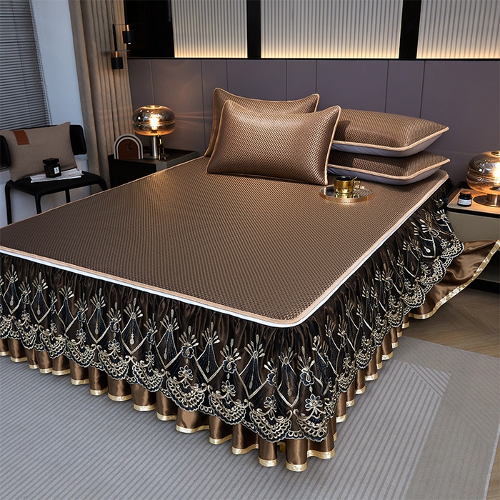 91家纺网 家纺一手货源 找家纺 罗艺轩 2025新款可拆卸床笠式床裙凉感冰丝藤席三件套-爱星海 爱星海-摩卡棕