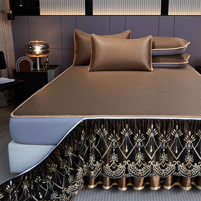 91家纺网 家纺一手货源 找家纺 罗艺轩 2025新款可拆卸床笠式床裙凉感冰丝藤席三件套-爱星海 爱星海-摩卡棕