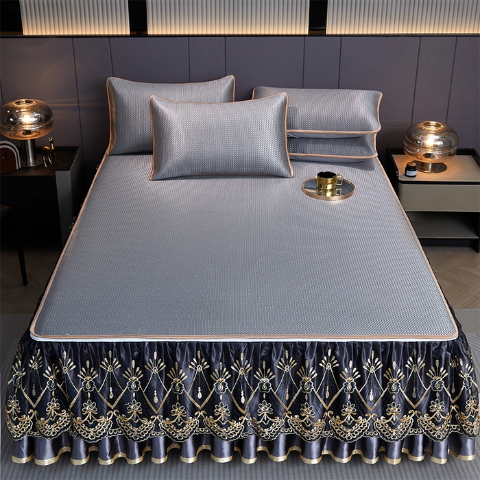 91家纺网 家纺一手货源 找家纺 罗艺轩 2025新款可拆卸床笠式床裙凉感冰丝藤席三件套-爱星海 爱星海-绅士灰