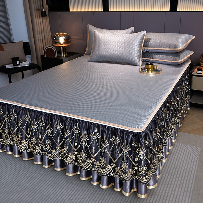 91家纺网 家纺一手货源 找家纺 罗艺轩 2025新款可拆卸床笠式床裙凉感冰丝藤席三件套-爱星海 爱星海-绅士灰