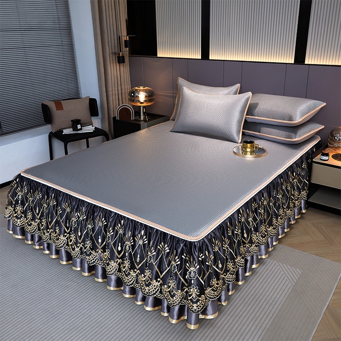 91家纺网 家纺一手货源 找家纺 罗艺轩 2025新款可拆卸床笠式床裙凉感冰丝藤席三件套-爱星海 爱星海-绅士灰