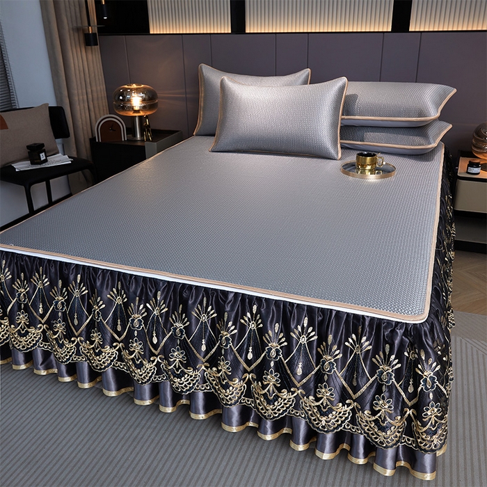 91家纺网 家纺一手货源 找家纺 罗艺轩 2025新款可拆卸床笠式床裙凉感冰丝藤席三件套-爱星海 爱星海-绅士灰