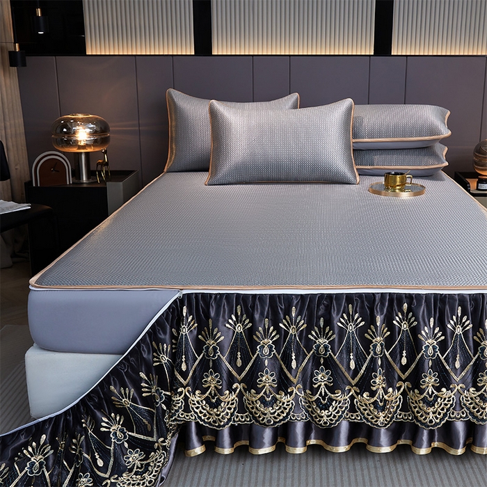 91家纺网 家纺一手货源 找家纺 罗艺轩 2025新款可拆卸床笠式床裙凉感冰丝藤席三件套-爱星海 爱星海-绅士灰