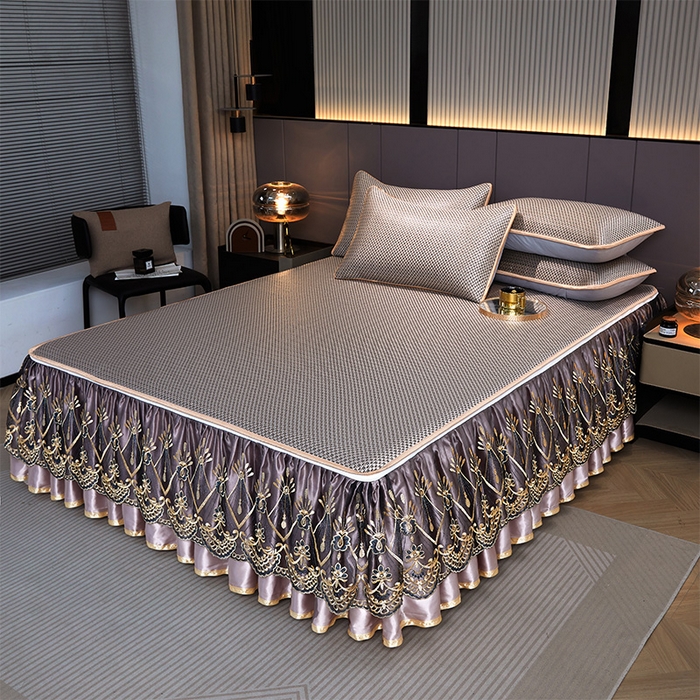 91家纺网 家纺一手货源 找家纺 罗艺轩 2025新款可拆卸床笠式床裙凉感冰丝藤席三件套-爱星海 爱星海-糖咖色