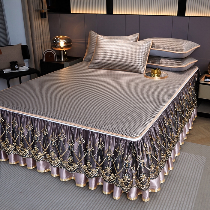 91家纺网 家纺一手货源 找家纺 罗艺轩 2025新款可拆卸床笠式床裙凉感冰丝藤席三件套-爱星海 爱星海-糖咖色