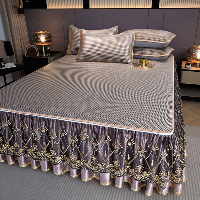 91家纺网 家纺一手货源 找家纺 罗艺轩 2025新款可拆卸床笠式床裙凉感冰丝藤席三件套-爱星海 爱星海-糖咖色