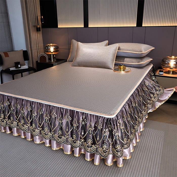 91家纺网 家纺一手货源 找家纺 罗艺轩 2025新款可拆卸床笠式床裙凉感冰丝藤席三件套-爱星海 爱星海-糖咖色