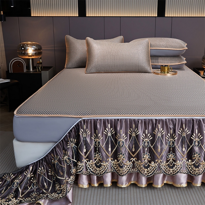 91家纺网 家纺一手货源 找家纺 罗艺轩 2025新款可拆卸床笠式床裙凉感冰丝藤席三件套-爱星海 爱星海-糖咖色