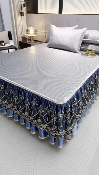 91家纺网 家纺一手货源 找家纺 （总）罗艺轩 2025新款可拆卸床笠式床裙凉感冰丝藤席三件套-爱星海