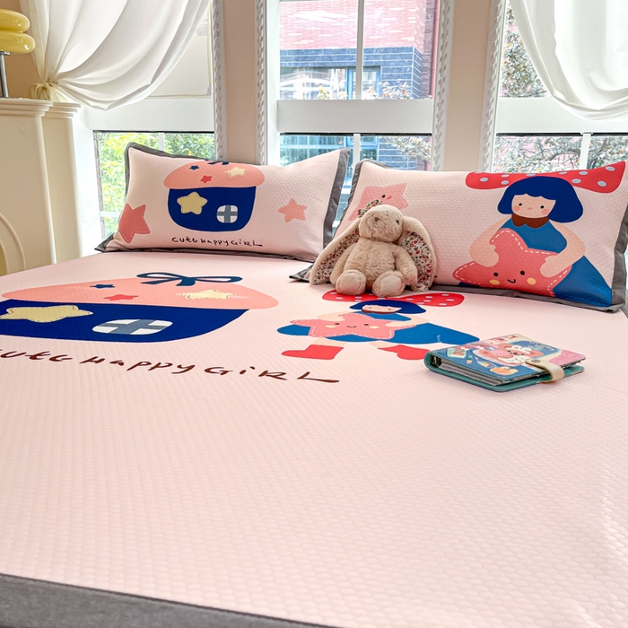 91家纺网 家纺一手货源 找家纺 Sweet dreams甜梦 2025新款数码印花凉感豆豆软席凉席席子系列-大版 蘑菇小姑娘