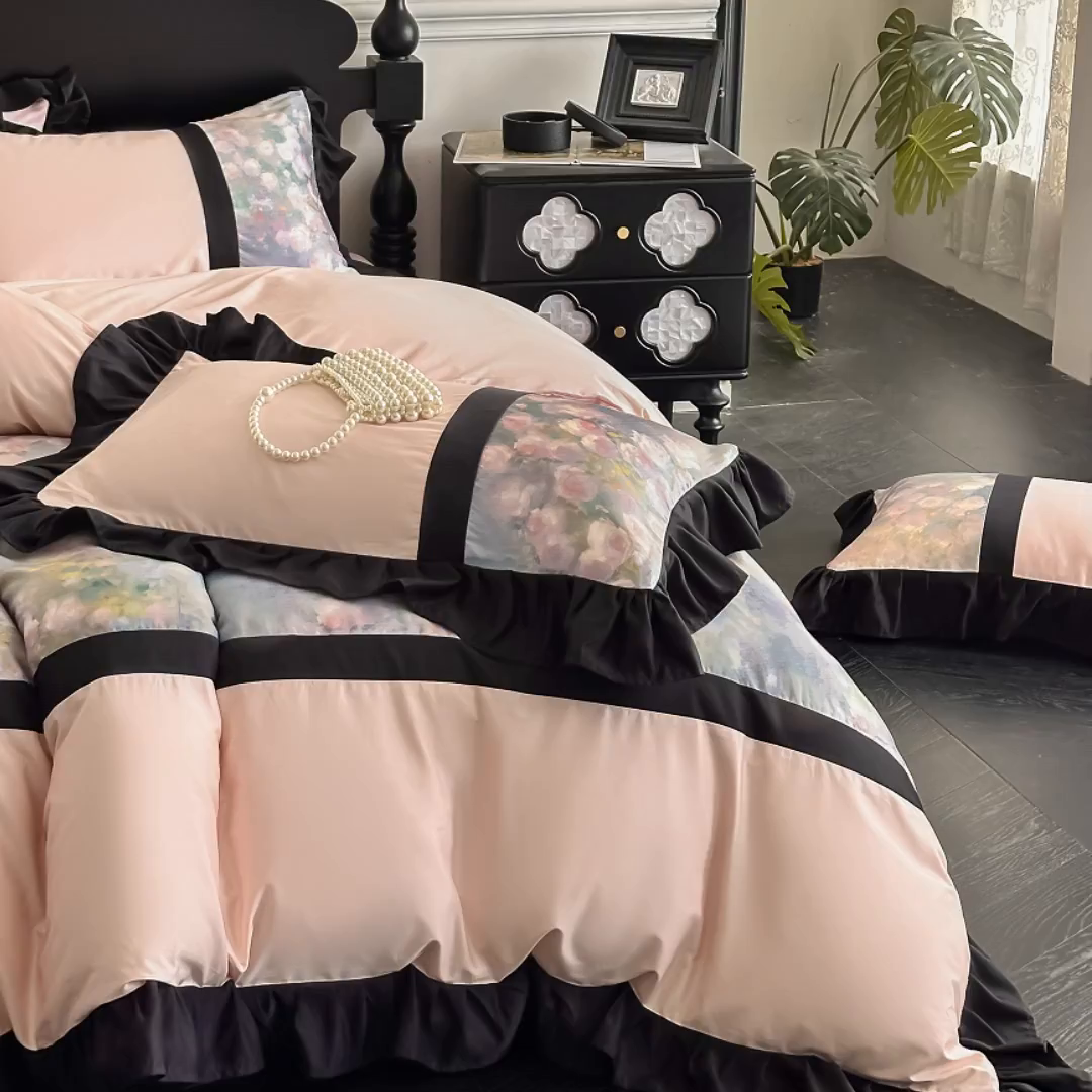 91家纺网 家纺一手货源 找家纺 博纳家纺 2025新款法式复古风花边款四件套 花间絮语-粉玉