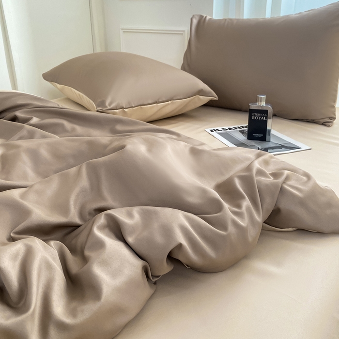 91家纺网 家纺一手货源 找家纺  （提供买家秀 爆款花型 不断货）2025新款夏季水洗冰丝四件套水洗真丝纯色双拼风格二 双拼-咖棕奶茶