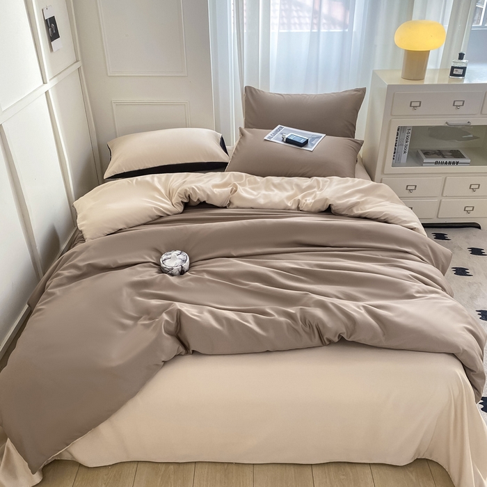 91家纺网 家纺一手货源 找家纺  （提供买家秀 爆款花型 不断货）2025新款夏季水洗冰丝四件套水洗真丝纯色双拼风格二 双拼-咖棕奶茶