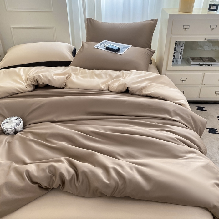 91家纺网 家纺一手货源 找家纺  （提供买家秀 爆款花型 不断货）2025新款夏季水洗冰丝四件套水洗真丝纯色双拼风格二 双拼-咖棕奶茶