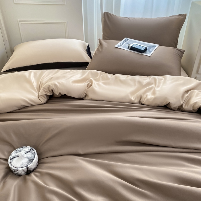 91家纺网 家纺一手货源 找家纺  （提供买家秀 爆款花型 不断货）2025新款夏季水洗冰丝四件套水洗真丝纯色双拼风格二 双拼-咖棕奶茶