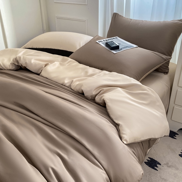 91家纺网 家纺一手货源 找家纺  （提供买家秀 爆款花型 不断货）2025新款夏季水洗冰丝四件套水洗真丝纯色双拼风格二 双拼-咖棕奶茶