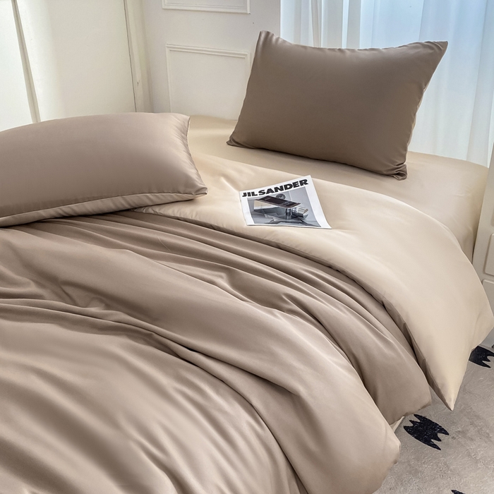 91家纺网 家纺一手货源 找家纺  （提供买家秀 爆款花型 不断货）2025新款夏季水洗冰丝四件套水洗真丝纯色双拼风格二 双拼-咖棕奶茶