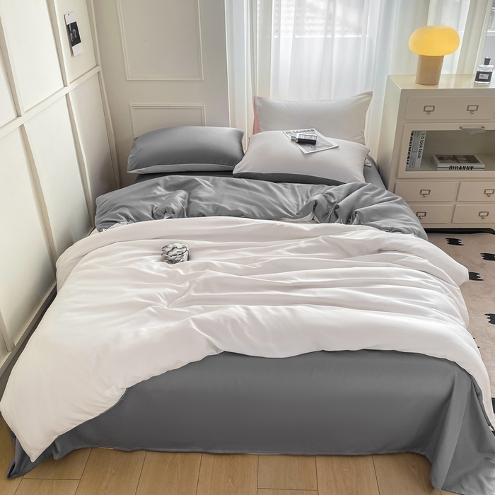 91家纺网 家纺一手货源 找家纺  （提供买家秀 爆款花型 不断货）2025新款夏季水洗冰丝四件套水洗真丝纯色双拼风格二 双拼-魔法灰白