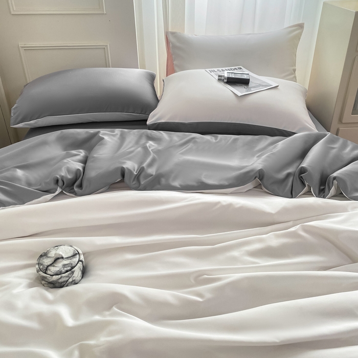 91家纺网 家纺一手货源 找家纺  （提供买家秀 爆款花型 不断货）2025新款夏季水洗冰丝四件套水洗真丝纯色双拼风格二 双拼-魔法灰白