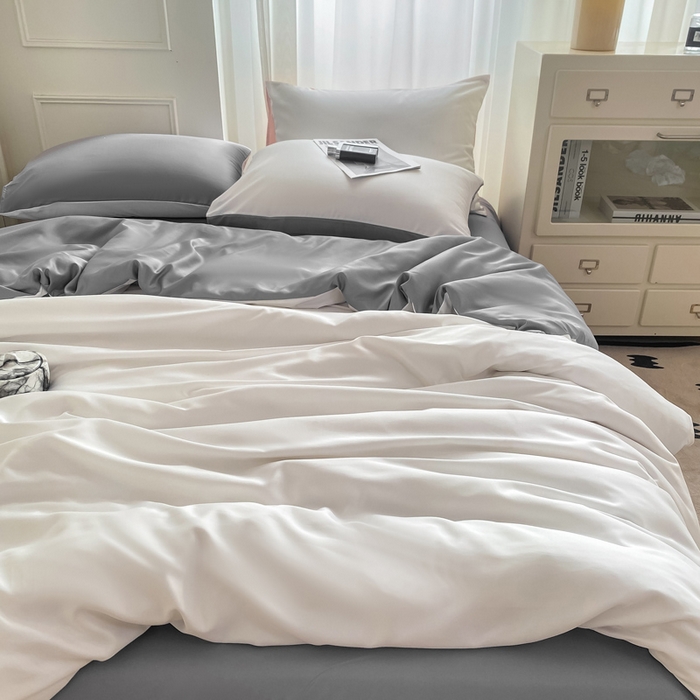 91家纺网 家纺一手货源 找家纺  （提供买家秀 爆款花型 不断货）2025新款夏季水洗冰丝四件套水洗真丝纯色双拼风格二 双拼-魔法灰白