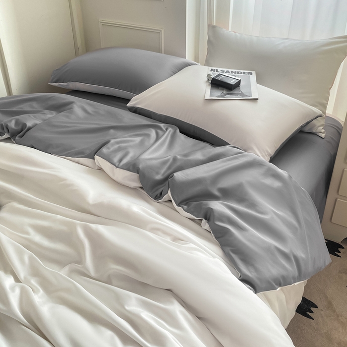 91家纺网 家纺一手货源 找家纺  （提供买家秀 爆款花型 不断货）2025新款夏季水洗冰丝四件套水洗真丝纯色双拼风格二 双拼-魔法灰白