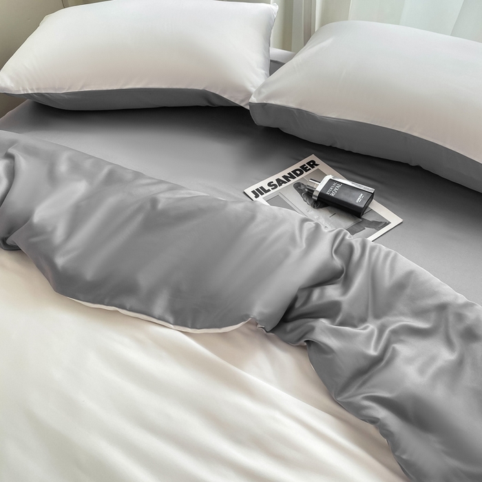 91家纺网 家纺一手货源 找家纺  （提供买家秀 爆款花型 不断货）2025新款夏季水洗冰丝四件套水洗真丝纯色双拼风格二 双拼-魔法灰白