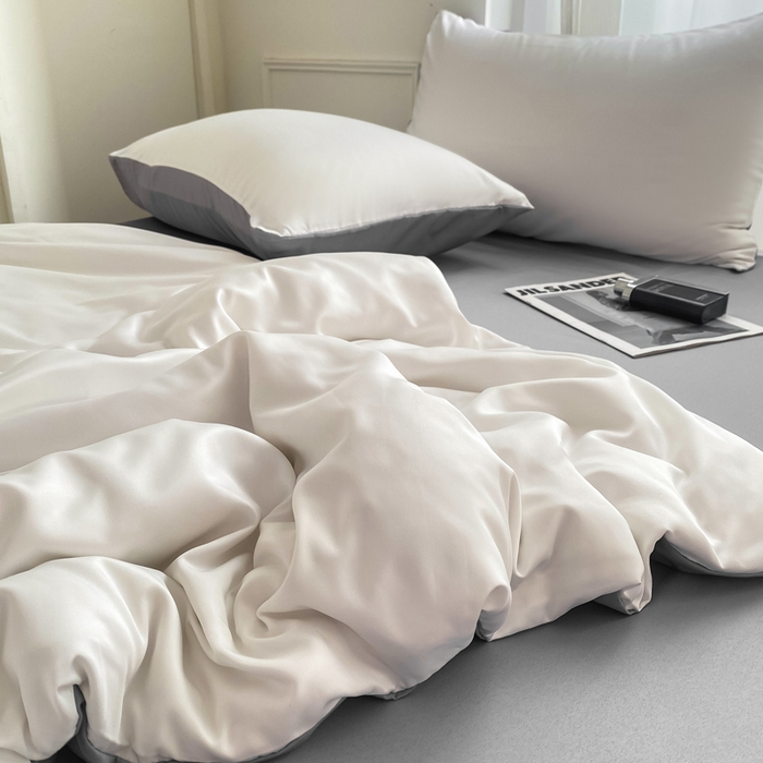 91家纺网 家纺一手货源 找家纺  （提供买家秀 爆款花型 不断货）2025新款夏季水洗冰丝四件套水洗真丝纯色双拼风格二 双拼-魔法灰白