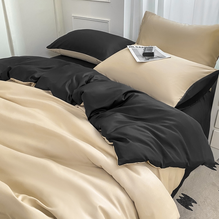 91家纺网 家纺一手货源 找家纺  （提供买家秀 爆款花型 不断货）2025新款夏季水洗冰丝四件套水洗真丝纯色双拼风格二 双拼-奶茶墨黑