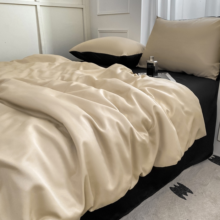 91家纺网 家纺一手货源 找家纺  （提供买家秀 爆款花型 不断货）2025新款夏季水洗冰丝四件套水洗真丝纯色双拼风格二 双拼-奶茶墨黑