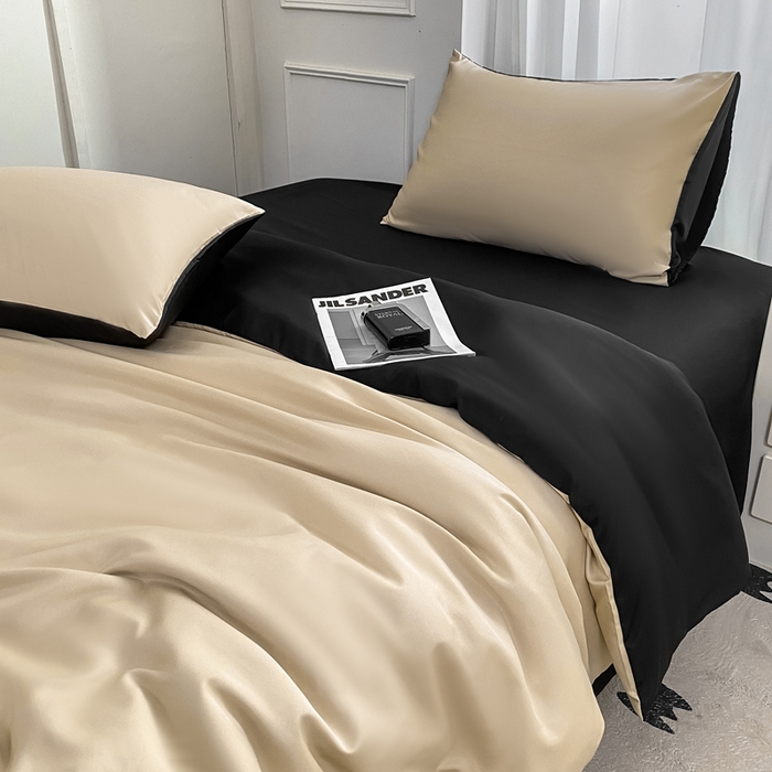 91家纺网 家纺一手货源 找家纺  （提供买家秀 爆款花型 不断货）2025新款夏季水洗冰丝四件套水洗真丝纯色双拼风格二 双拼-奶茶墨黑