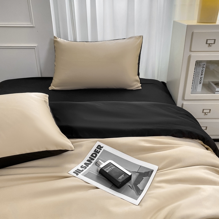 91家纺网 家纺一手货源 找家纺  （提供买家秀 爆款花型 不断货）2025新款夏季水洗冰丝四件套水洗真丝纯色双拼风格二 双拼-奶茶墨黑