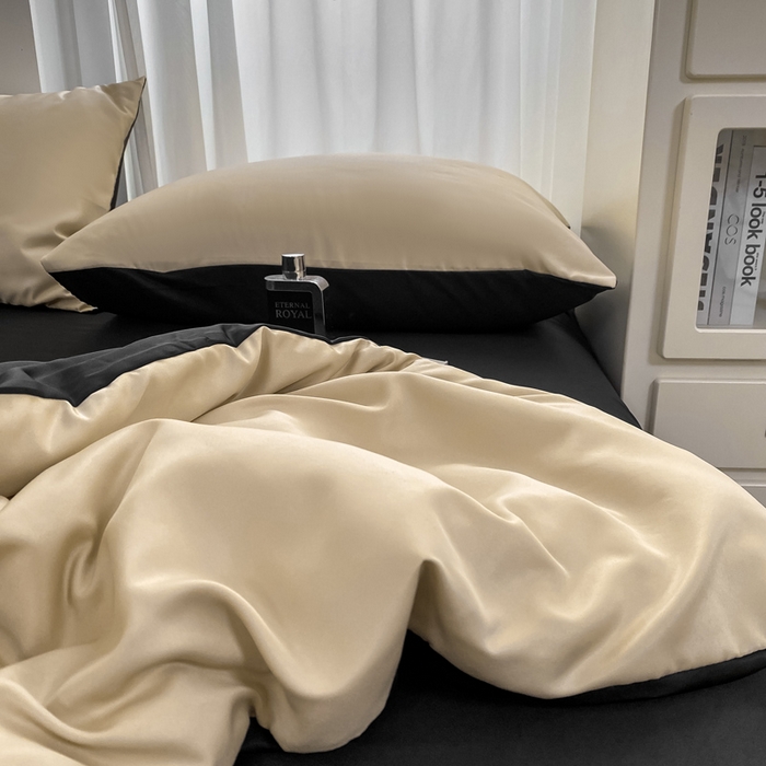 91家纺网 家纺一手货源 找家纺  （提供买家秀 爆款花型 不断货）2025新款夏季水洗冰丝四件套水洗真丝纯色双拼风格二 双拼-奶茶墨黑