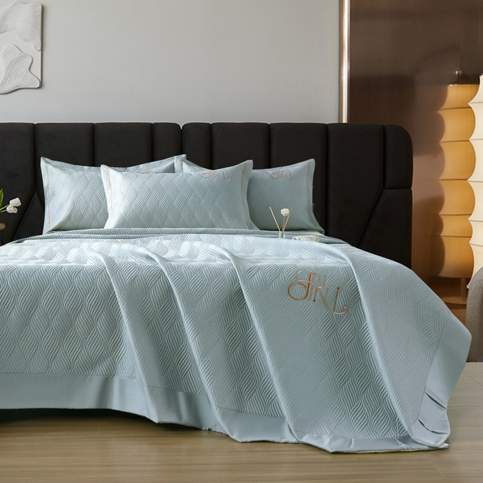 OL家纺 2025新款60S兰精天丝带刺绣防滑床盖 灰绿