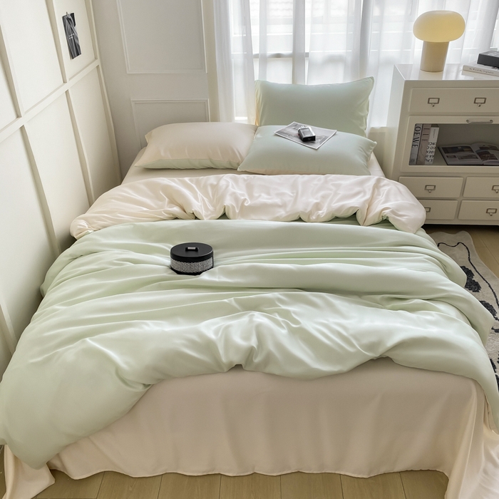 91家纺网 家纺一手货源 找家纺  （提供买家秀 爆款花型 不断货）2025新款夏季水洗冰丝四件套水洗真丝纯色双拼风格二 双拼-奶昔白+青草绿