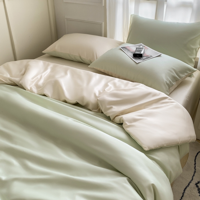 91家纺网 家纺一手货源 找家纺  （提供买家秀 爆款花型 不断货）2025新款夏季水洗冰丝四件套水洗真丝纯色双拼风格二 双拼-奶昔白+青草绿