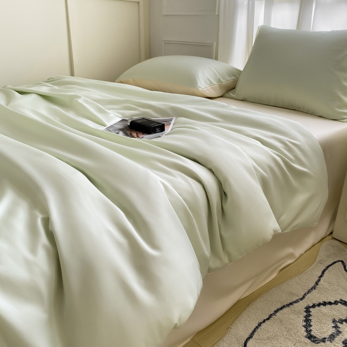 91家纺网 家纺一手货源 找家纺  （提供买家秀 爆款花型 不断货）2025新款夏季水洗冰丝四件套水洗真丝纯色双拼风格二 双拼-奶昔白+青草绿