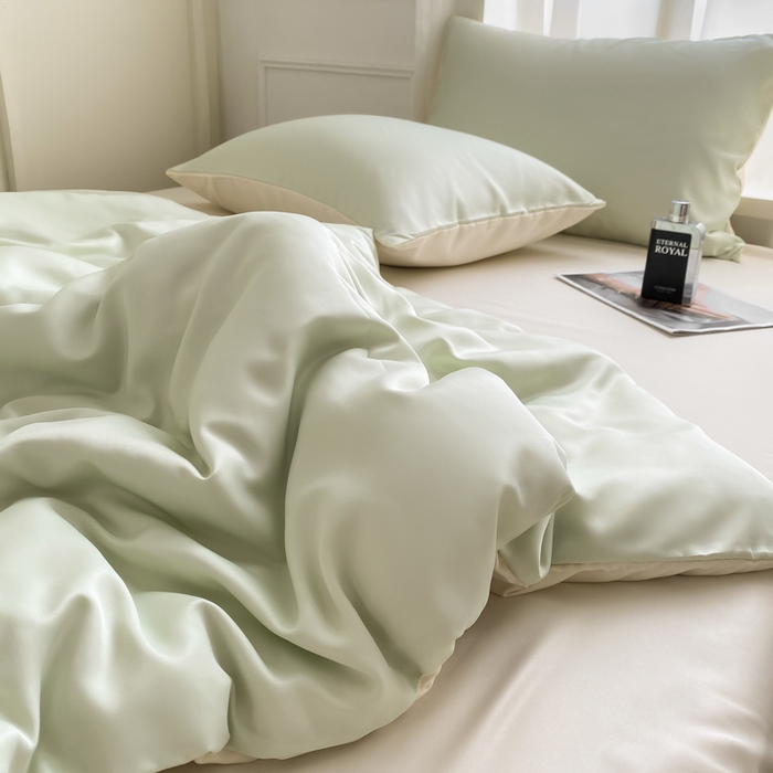 91家纺网 家纺一手货源 找家纺  （提供买家秀 爆款花型 不断货）2025新款夏季水洗冰丝四件套水洗真丝纯色双拼风格二 双拼-奶昔白+青草绿