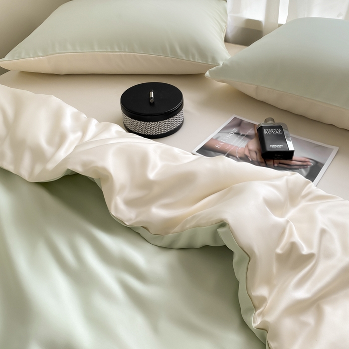 91家纺网 家纺一手货源 找家纺  （提供买家秀 爆款花型 不断货）2025新款夏季水洗冰丝四件套水洗真丝纯色双拼风格二 双拼-奶昔白+青草绿