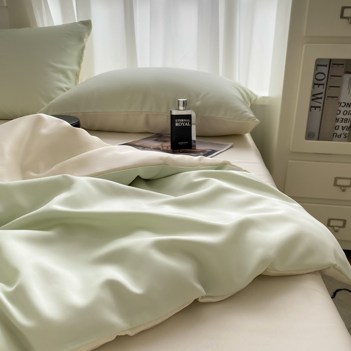 91家纺网 家纺一手货源 找家纺  （提供买家秀 爆款花型 不断货）2025新款夏季水洗冰丝四件套水洗真丝纯色双拼风格二 双拼-奶昔白+青草绿