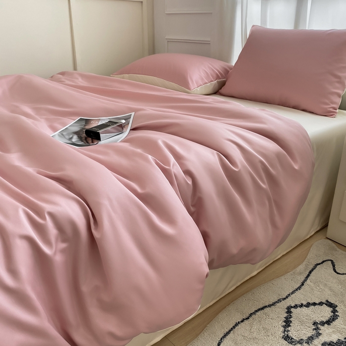 91家纺网 家纺一手货源 找家纺  （提供买家秀 爆款花型 不断货）2025新款夏季水洗冰丝四件套水洗真丝纯色双拼风格二 双拼-奶昔白+西柚粉