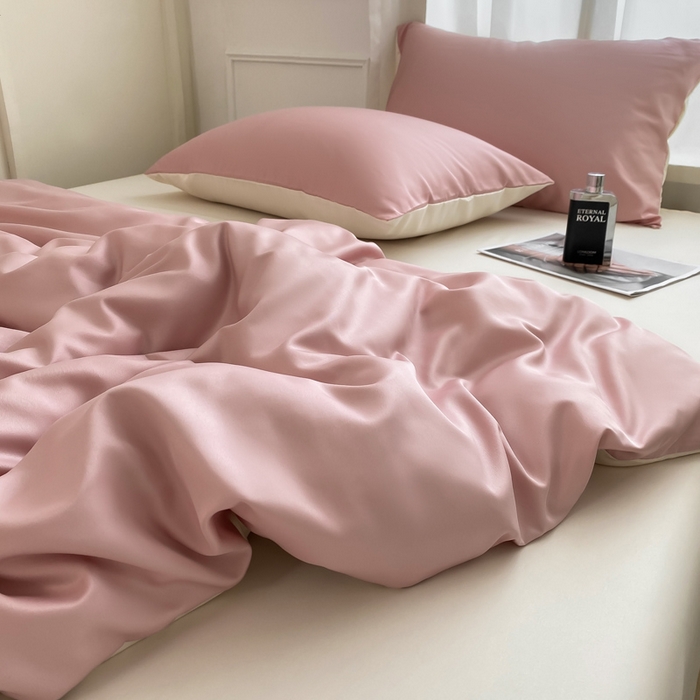 91家纺网 家纺一手货源 找家纺  （提供买家秀 爆款花型 不断货）2025新款夏季水洗冰丝四件套水洗真丝纯色双拼风格二 双拼-奶昔白+西柚粉