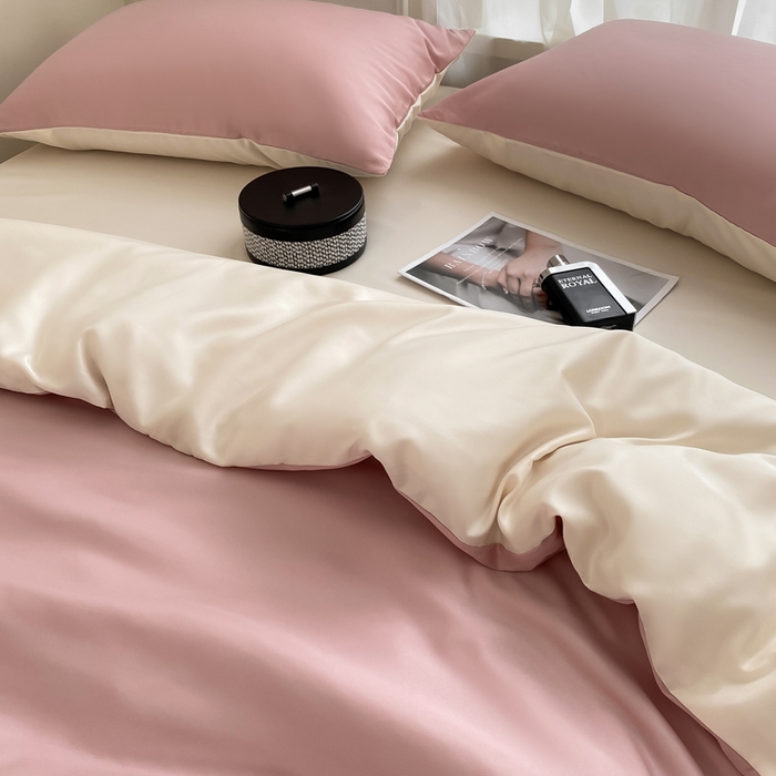 91家纺网 家纺一手货源 找家纺  （提供买家秀 爆款花型 不断货）2025新款夏季水洗冰丝四件套水洗真丝纯色双拼风格二 双拼-奶昔白+西柚粉