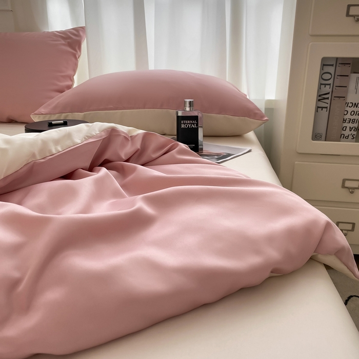 91家纺网 家纺一手货源 找家纺  （提供买家秀 爆款花型 不断货）2025新款夏季水洗冰丝四件套水洗真丝纯色双拼风格二 双拼-奶昔白+西柚粉